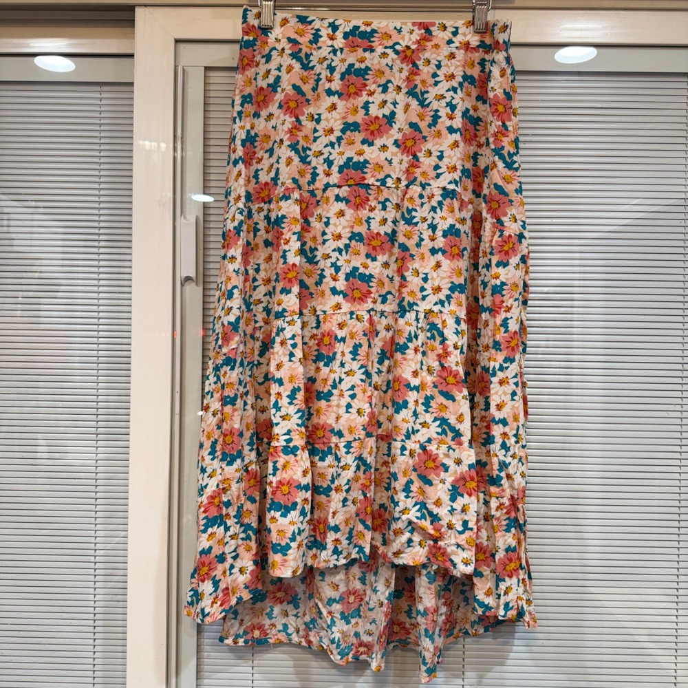 New Boho Creation Concept Floral Tiered Maxi Skirt Pink Teal Daisy High Low M